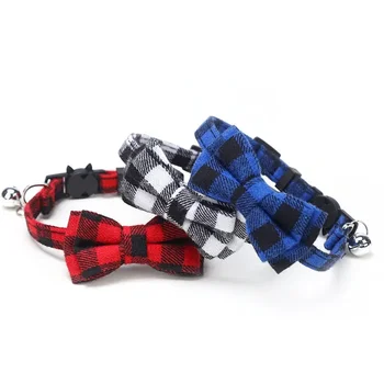 Pet Cat Collar Bow Tie and Bell Cute Plaid Christmas Red Elastic Adjustable Dog Collar With Sash Small Bell For Cats