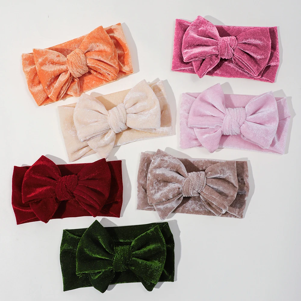 Baby Girls Headbands Elastic Soft Nylon Velvet Bow Headband For Newborn Handmade Bow Turban Infant Hair Accessories Headwear 3