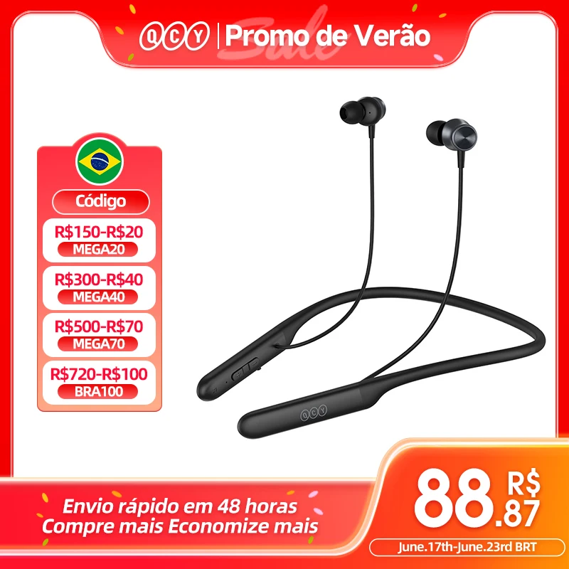 QCY C1 C2 Fones de ouvido sem fio Bluetooth, Neckband Sports Headphones, HiFi Headset, In-Ear Earbuds, Carga Rápida, Bateria 50H Longa Duração, 5.2