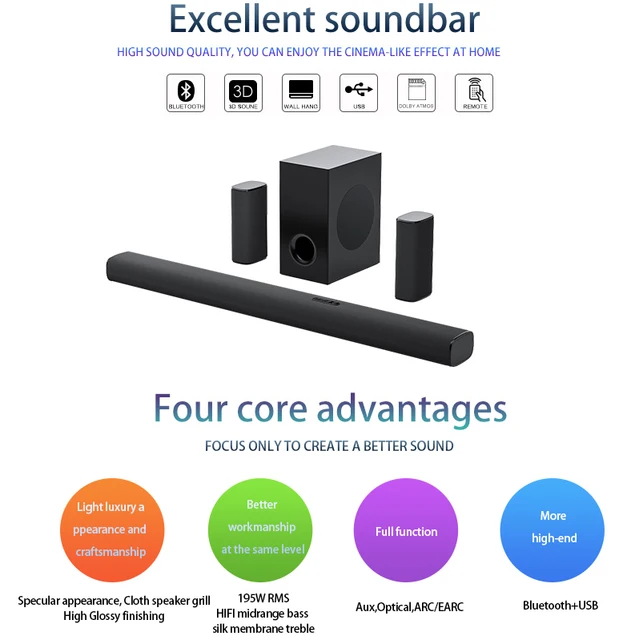 The New Listing High Sound Quality 5.1.2ch 195W Tv Sound Bar Speaker Soundbar  With Subwoofer for Home Theatre System - AliExpress