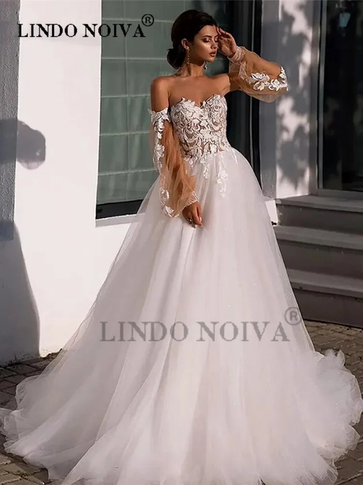 

LINDO Sweetheart Off the Shoulder A-Line Wedding Dress For Women Appliques Floor Length Elegant Bridal Gown vestido de noiva