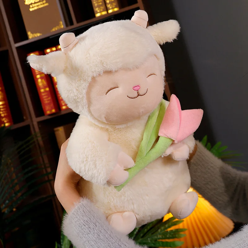 New Kawaii Sweet White Sheep Lam Hold Tulip Flower Plush Doll Soft Stuffed Lamb With Plushie Toy Cute Gift For Kid Birthday