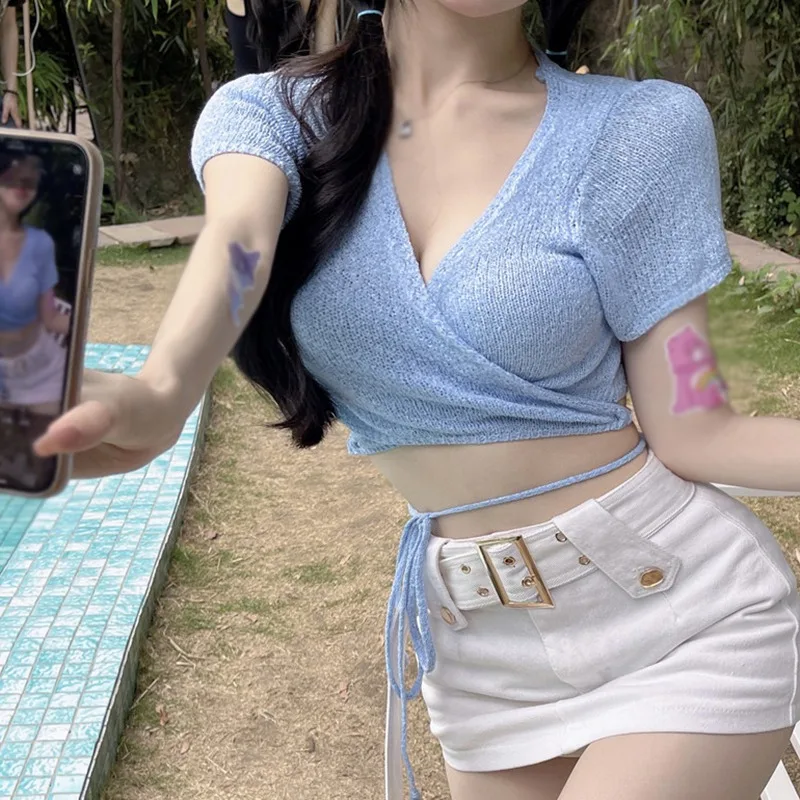 

Korean Tops Short Sleeves Navel Show Lace up Cross V-Neck Summer Knitted