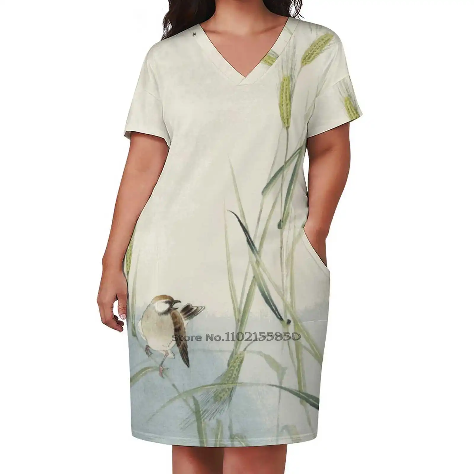 

Bird And Loose Pocket Dress Fashion Print Dress Short Sleeve V-Neck A-Line Dress Bird Ohara Koson Plant Classical Vintage