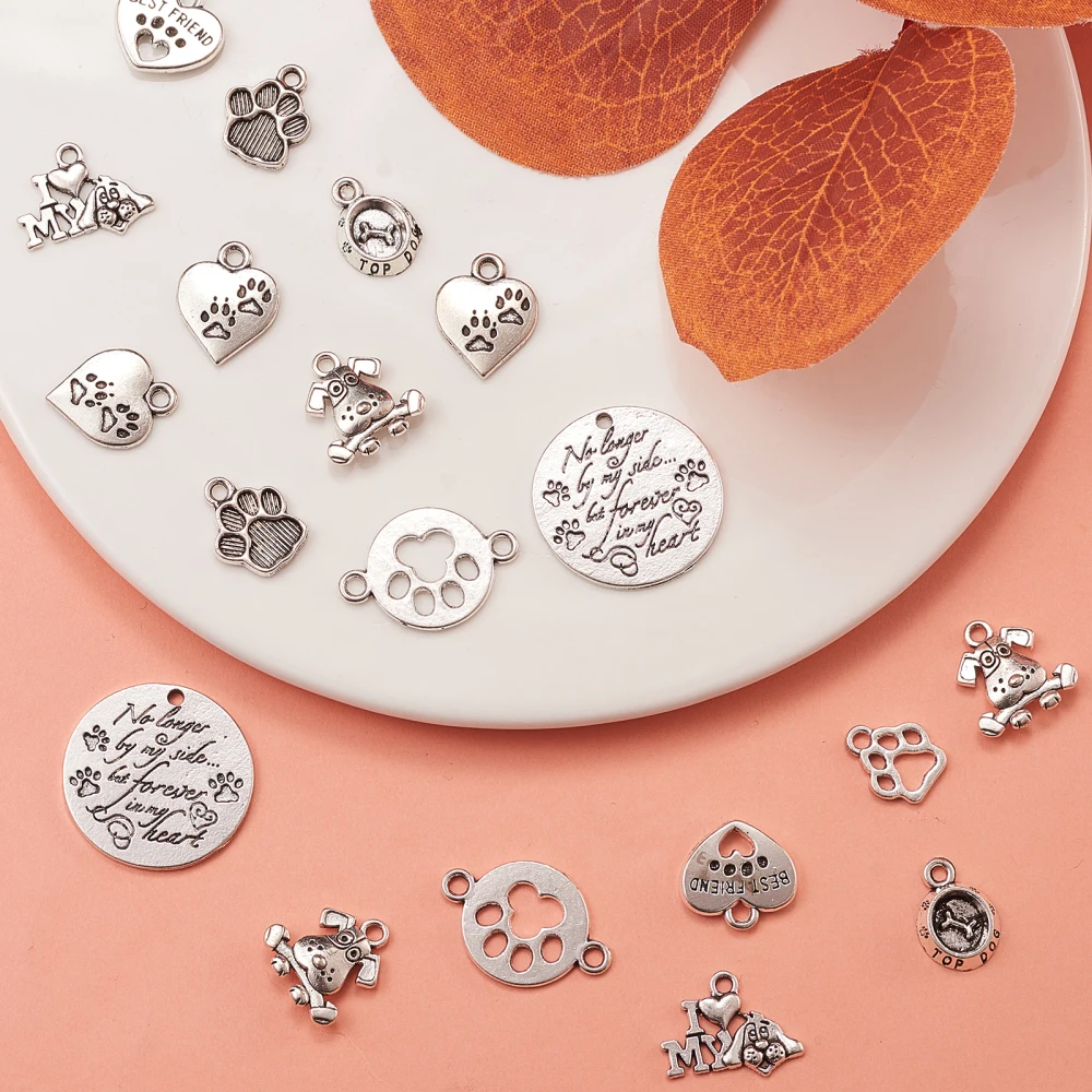 PandaHall 100pcs Antique Silver Cat Dog Pet Charms Alloy Cute Pet Theme Charms Tibetan Pet Charms for Jewelry Making Bracelets