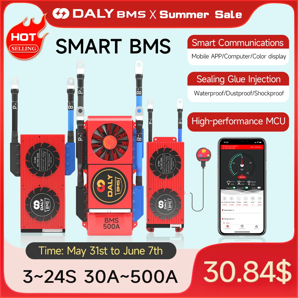 Daly BMS Smart BMS 16S 48V Lifepo4 BMS 8S 24V 4S 12V 30A 60A 80A 100A 120A 150A 200A 250A Solar Inverter Home Energy Storage RV