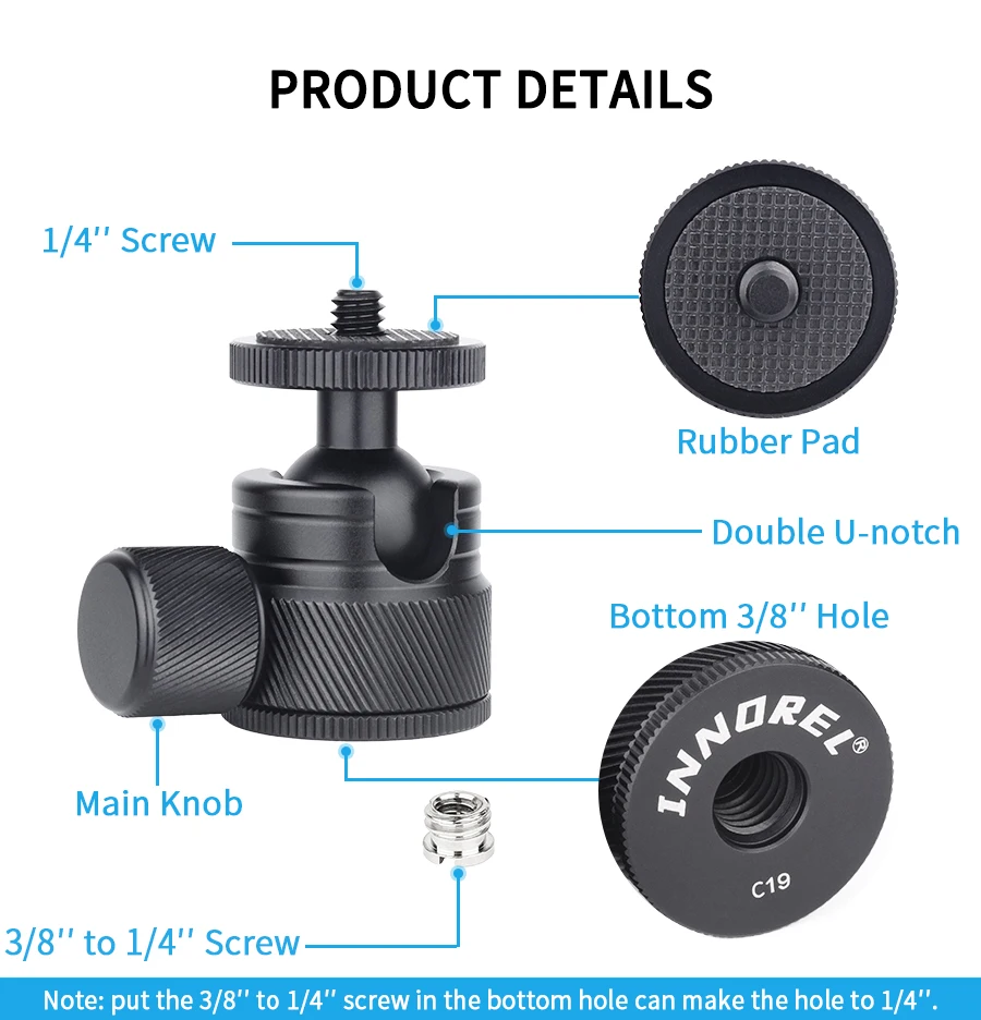 Mini Ball Head- C19 Mount Tripod Head-CNC Metal Low Profile Ballhead 360° Pan 90