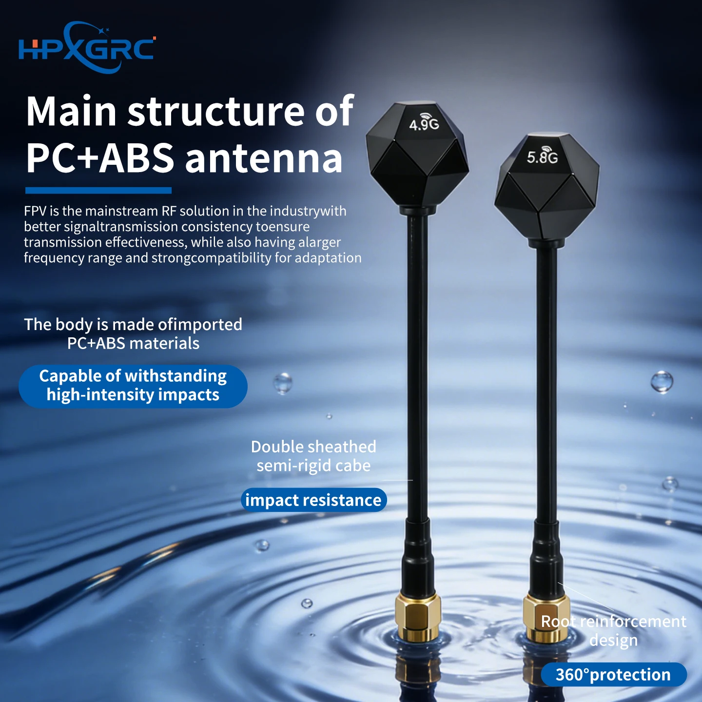 Deux antennes FPV 4.9G/5.8G RHCP RPSMA/SMA côte à côte, montrant leur design compact.