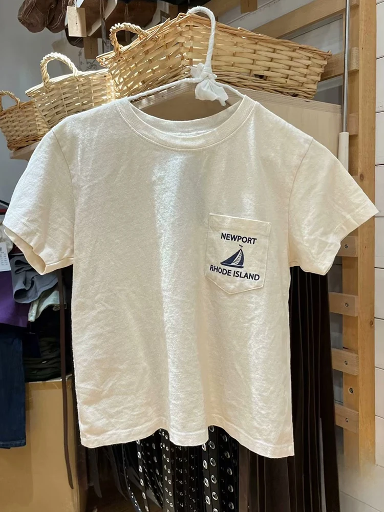 

Casual Women Beige Pocket Sailboat Print Tees Summer Round Neck Cotton Short Sleeve T-shirts Female Vintage Streetwear Y2k Tops