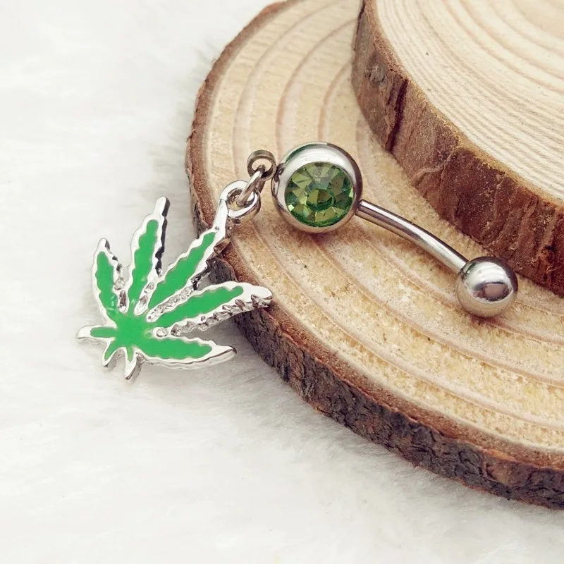 316L Stainless Steel Leaf Belly Button Ring for Women Green Maple Leaf Dangle Belly Rings Barbell Navel Body Piercing Jewelry