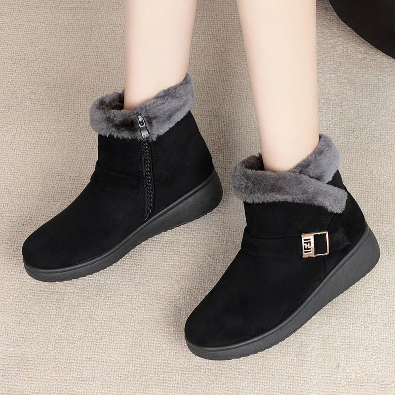 Warm Snow Boots for Fashion MATURE LEISURE Flat with Round Toe Buckle Strap Solid Casual Women Shoes Black Women Boots