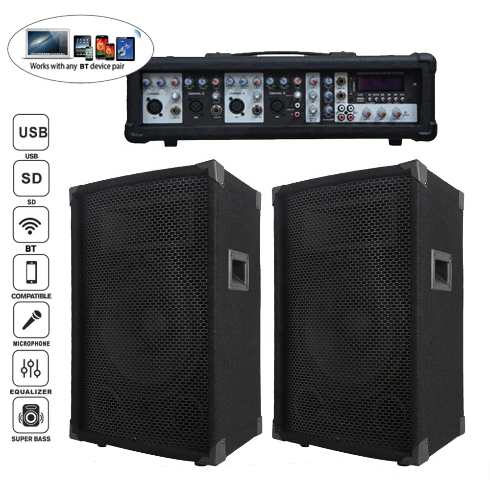 Professional audio 1200W 2X15"Subwoofer PA speaker system BT TWS karaoke sets 4 channel powered mixer Sound box bocina parl