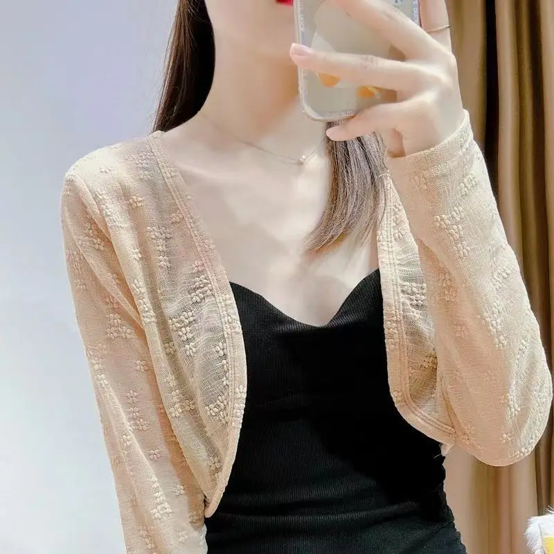여성용 레이스 메쉬 가디건, 자외선 차단, 자외선 차단, 에어컨, 짧은 상의, 투명, 여름
