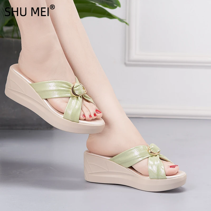 Slippers Women Summer New  2024 Wear Slope Heel  Outside Thick Bottom Fashion Leather Middle Heel Anti Slip Women'sMom Slippers