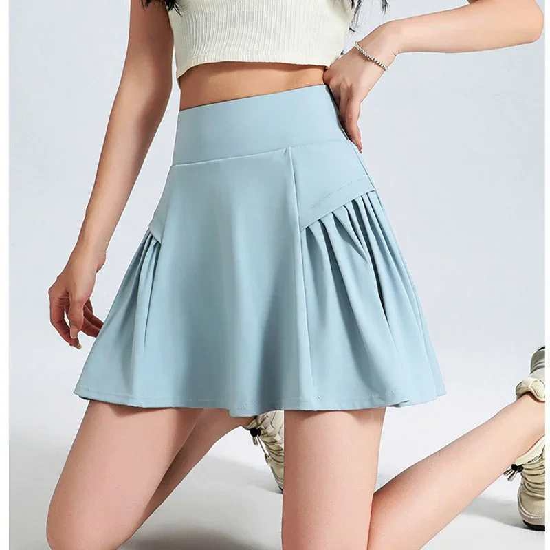 PofyBofy Side Pleated Design Sports Skirts Yoga Shorts Skirts High Waist Jogging Shorts Skirt Fitness Running Skirt with Pockets