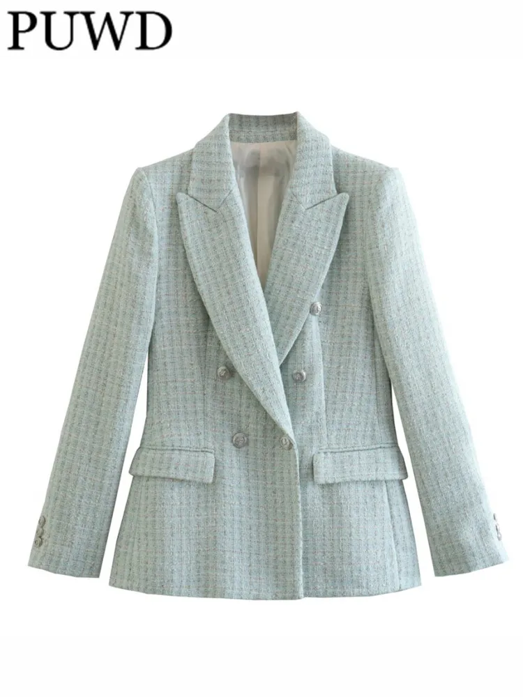 

PUWD Casual Women Fashion Green Textured Double-breasted Blazer Coats 2023 Summer Vintage Long Sleeves Female Outwears Mujer