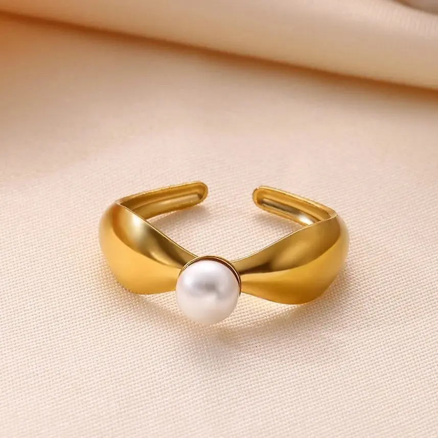 Stainless Steel Pearl Rings For Women 18K Gold Plated