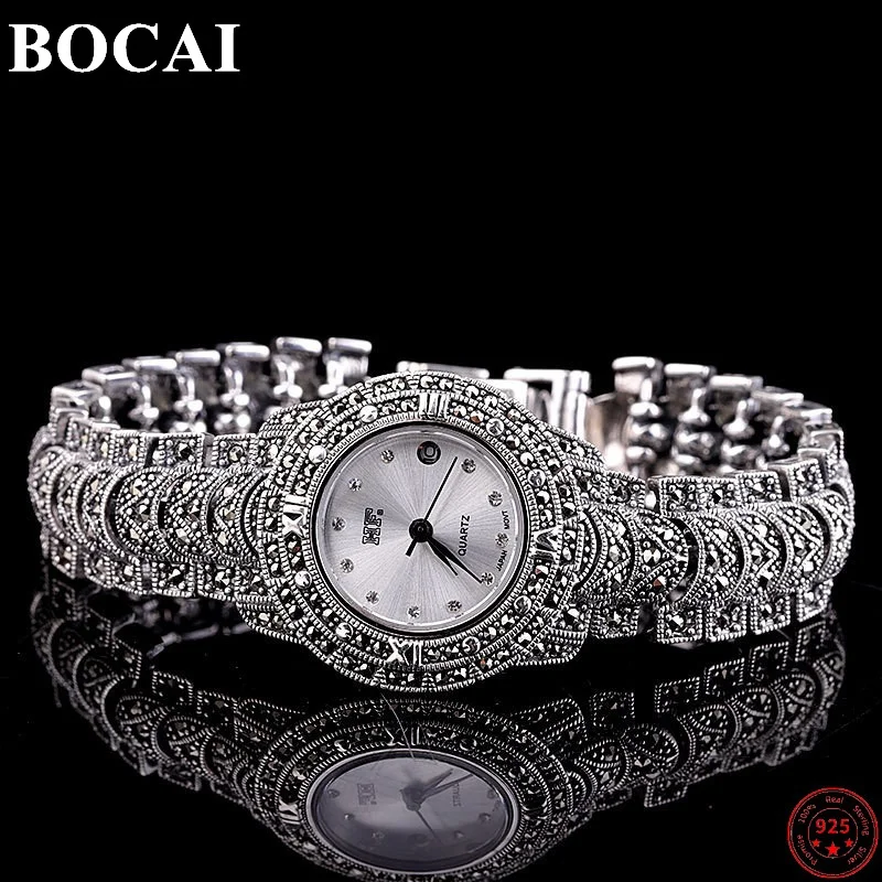 

BOCAI S925 Sterling Silver Bracelets for Women 2023 New Popular Retro Old Totem Pure Argentum Watch-strap Bangle Wrist-watch