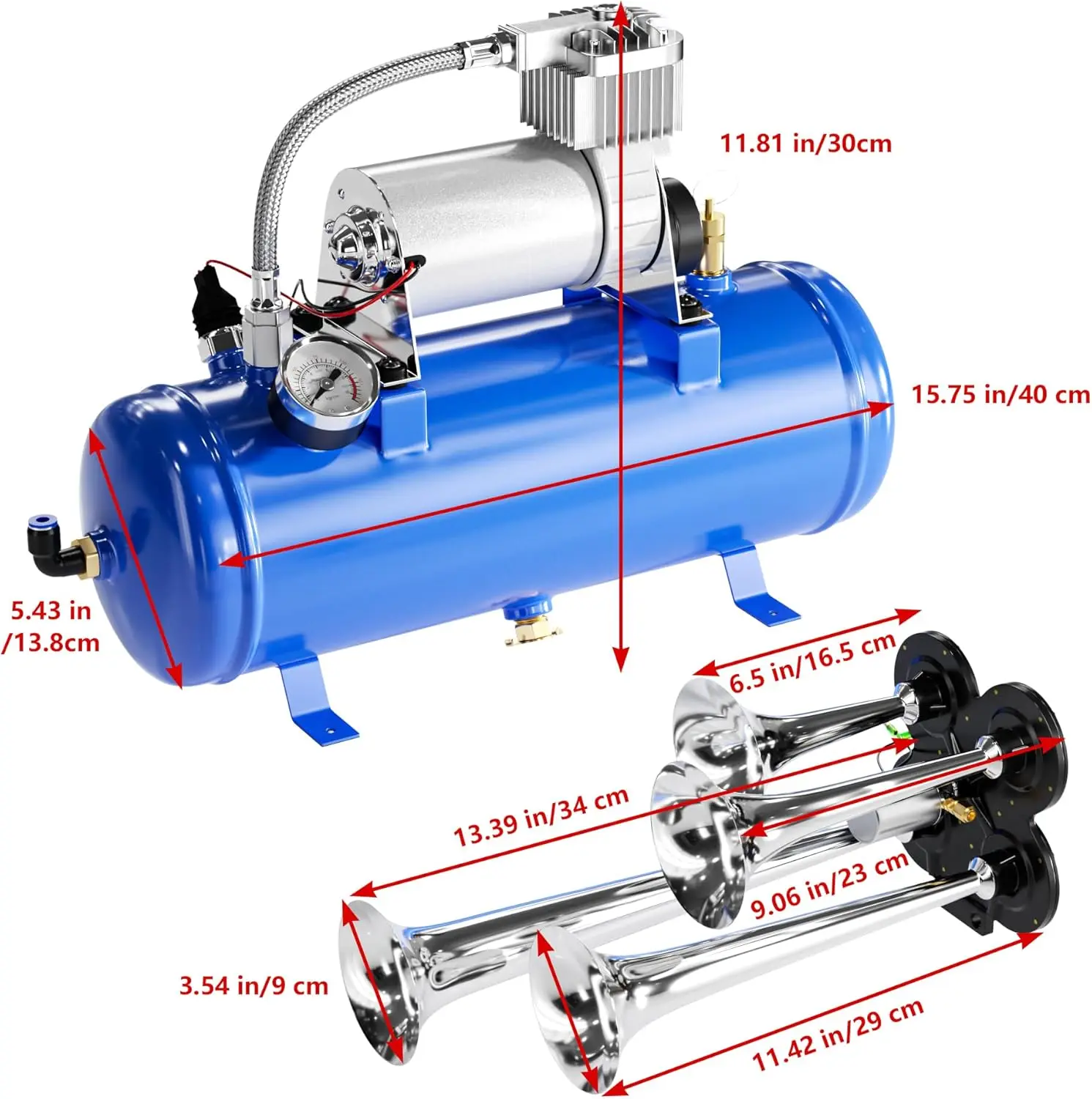 4 Trumpet Loud Train Horns Kit for 150 PSI 12V Air Compressor 1.59 Gallon for Trucks, Cars, Van Boats