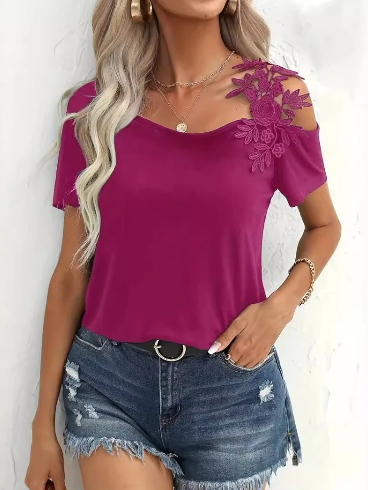 New Fashion Summer Women's Crew Neck Off-Shoulder Embroidery Splicing Solid Color Short Sleeve Top Elegant Solid Color Blouse