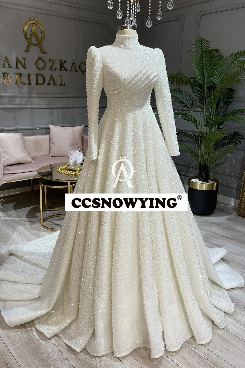 

High Collar Middle Eastern Muslim Style Long Sleeve Sequin Beaded Celebrity Longuette Party Prom Dress