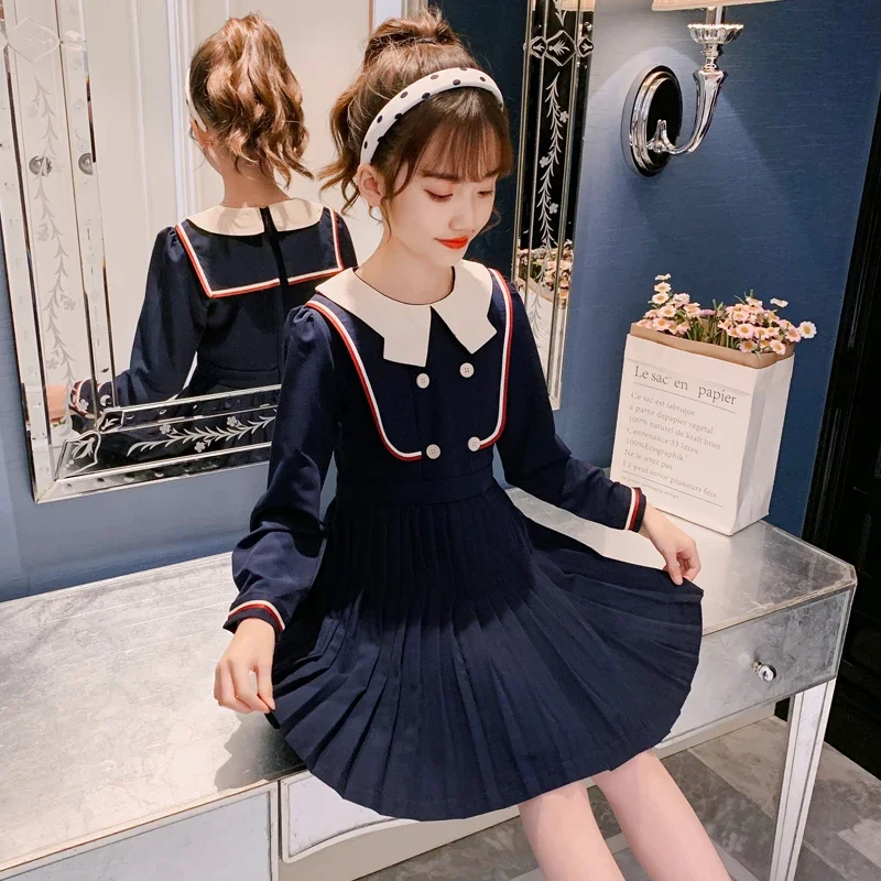 

Kids School Uniforms Clothes for Girls 2024 New Arrivals Student Dresses Long Sleeves Children Casual Wear Dress Navy Blue