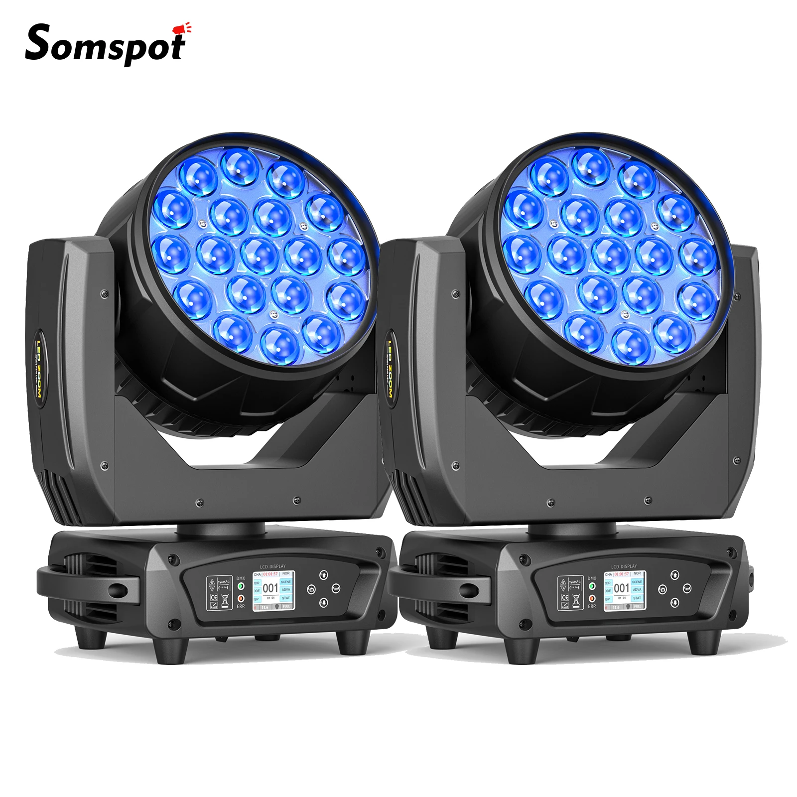 RGBW LED Moving Head Light 2PCS 19x15W Beam Focusing Lights Stage Effect Lighting Projector for Disco Party Concert Theater Club