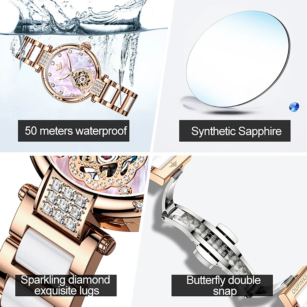 OUPINKE 3183 TOP Brand Women Watch Automatic Mechanical Elegant Ceramic Strap Diamond Waterproof Gift Box Watches for Women 4