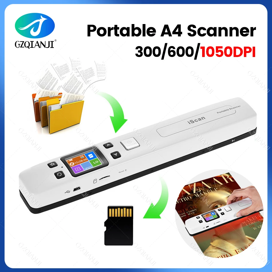 

A4 Iscan Mini Portable Document & Images Photo Scanner WiFi 1050 DPI JPG/PDF Handheld High Speed Scanner For School Business Use