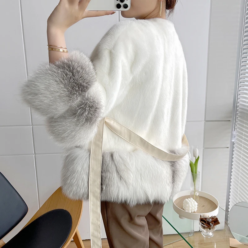 HDHOHR 2024 Winter New Real Fur Coats Women Natural Mink Fur Coats With Real Fox fur Warm Short Mink Fur Jackets For Female