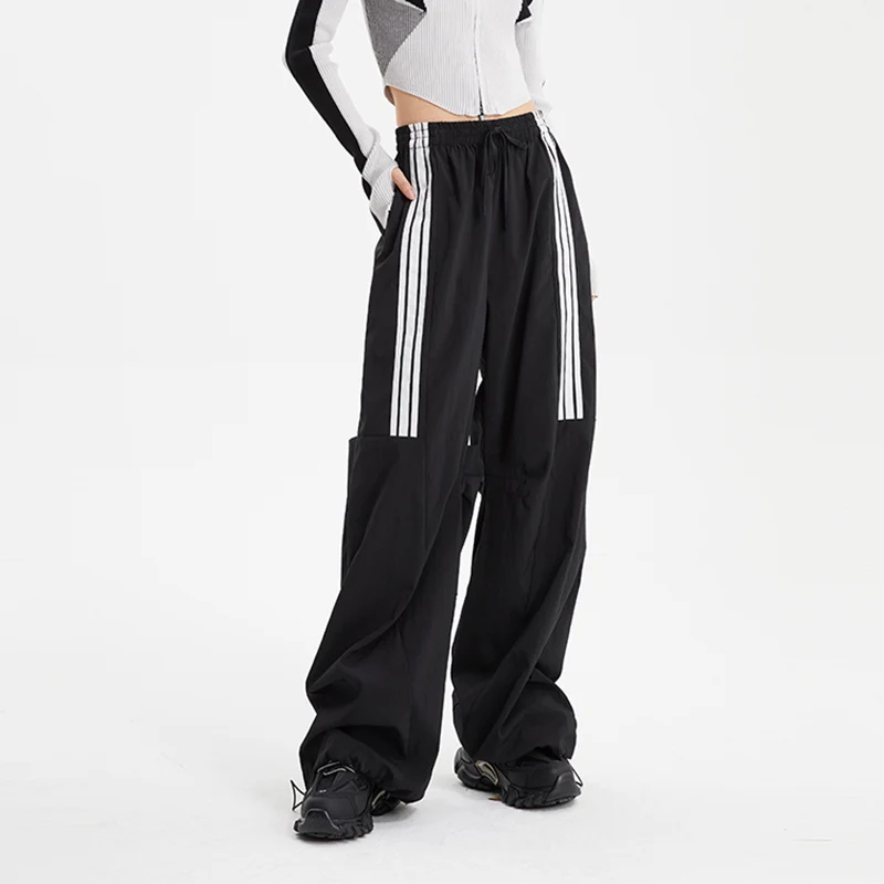 

27-43 Autumn White Stripe Decoration Black baggy Sweatpants for Women Clothing Man High Street Loose Wide Leg Casual Trousers
