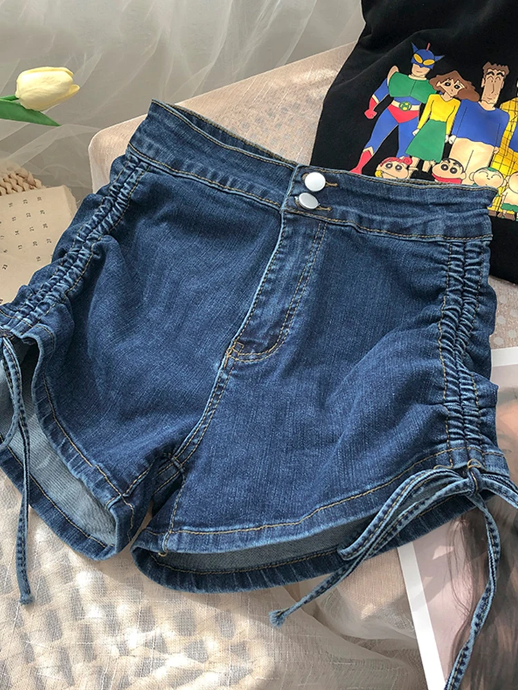 gap jeans Denim Shorts Two Button High Waist Drawstring Lace Washed Jeans Women Spring 2022 Korean Version Stretch Wide Leg  Slim Short stacked jeans Jeans