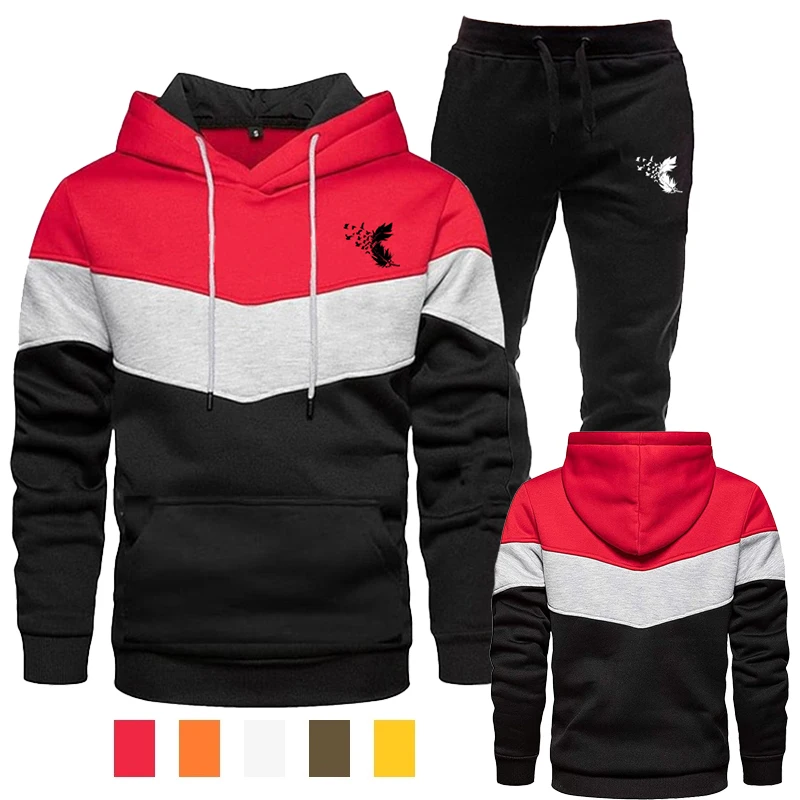 2023 Fashion Feather Printing Men's Sportswear Hoodie Set Three Color Panel Hoodie Set Two Piece Jogging Set Sportswear