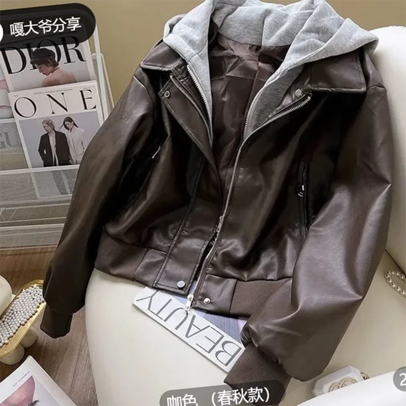 Korean Fashion Splice Design Hat Jacket Women's Spring 2026 Versatile Leather Jacket Fake Two-Piece Outerwear