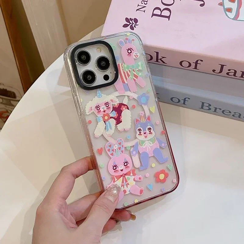 Pink Gradient Transparent Border Dog Cat Rabbit Graffiti iPhone 13 14 15 Pro Max Case - Protective iPhone Case