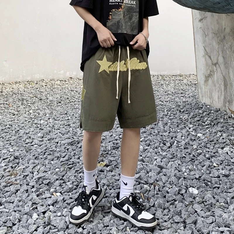 American Retro High Street Casual Shorts Men's Summer Embroidery Casual Loose Wide Leg Straight Short Pants for male