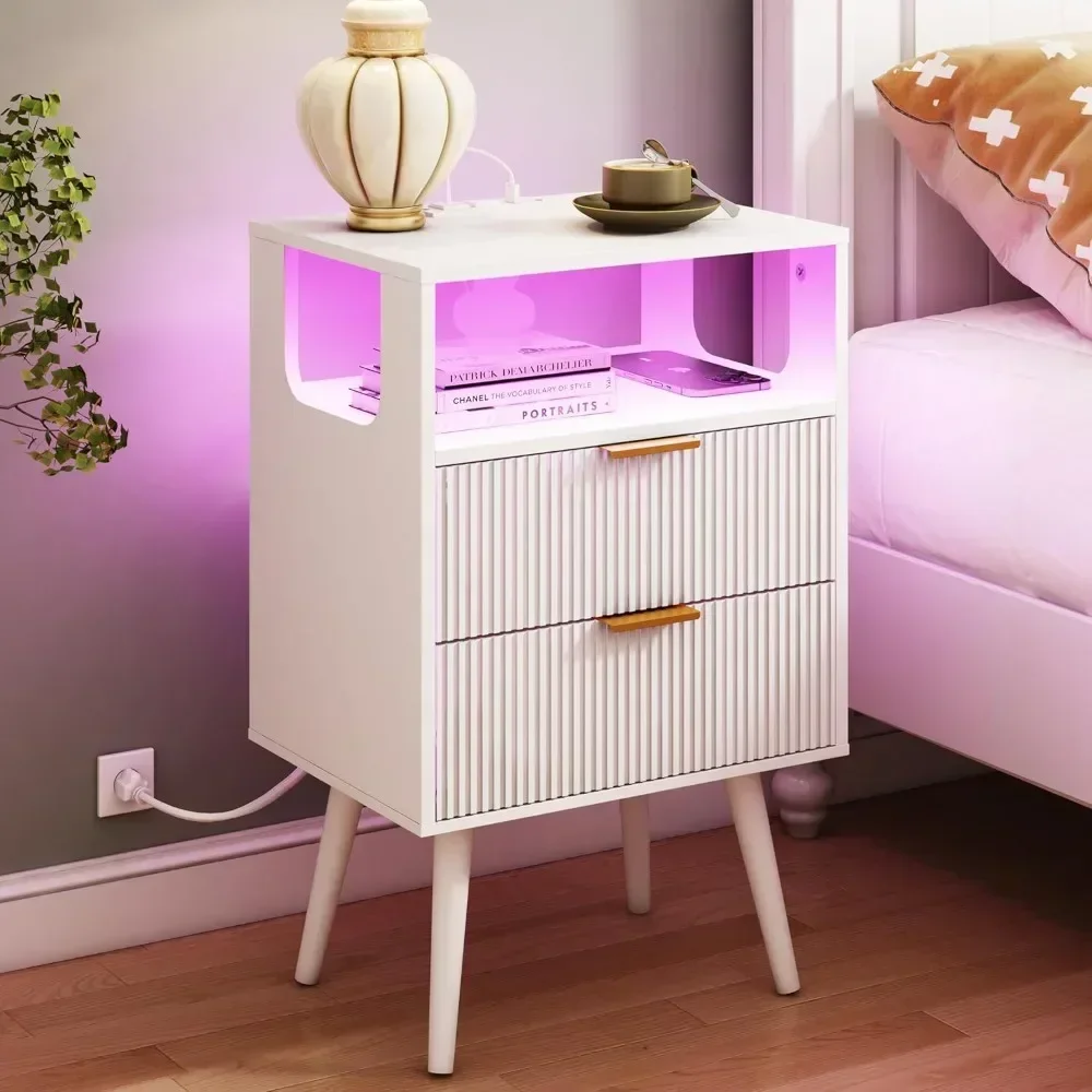 White Nightstand with Charging Station and LED Lights,Modern Bedside Table with 2 Storage Drawer and Open Wood Shelf, for Bedroo