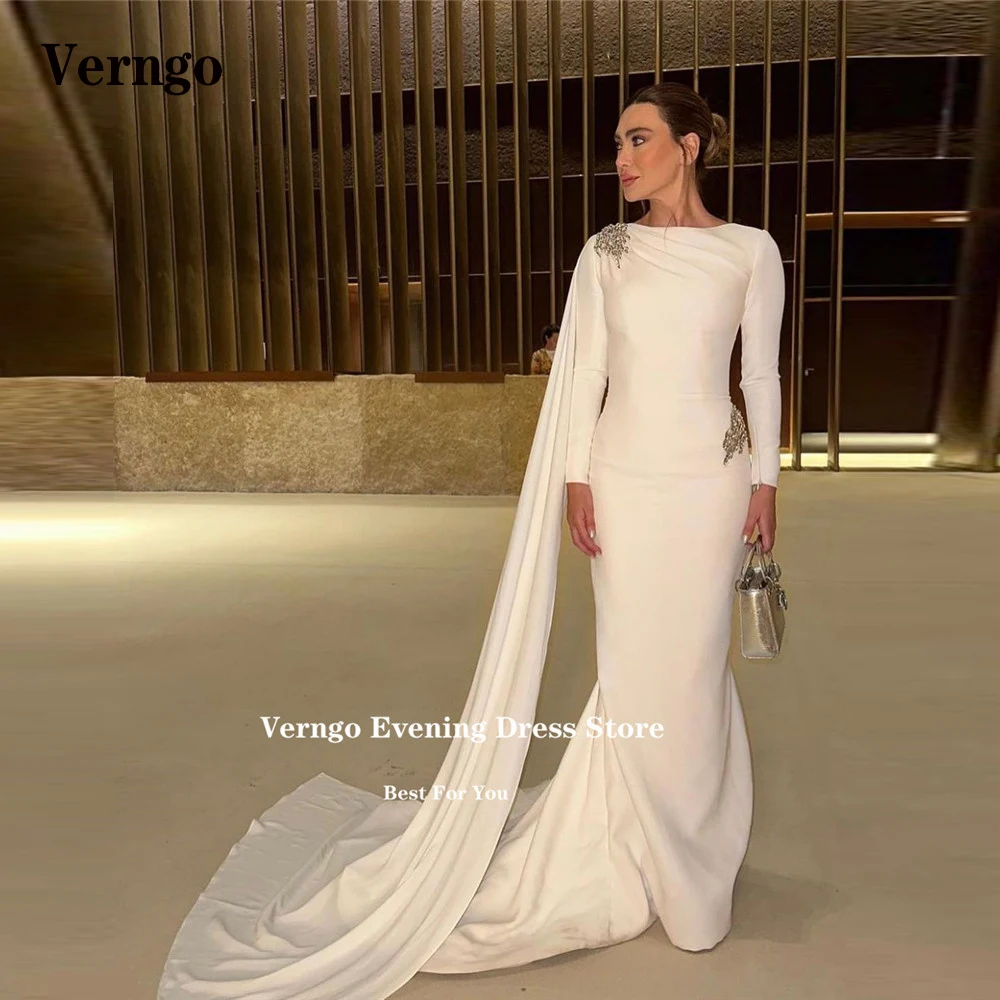 

Verngo Elegant White Ivory Mermaid Celebrity Evening Dresses Long Cape Sleeves Stretch Dubai Arabic Formal Modest Prom Gowns