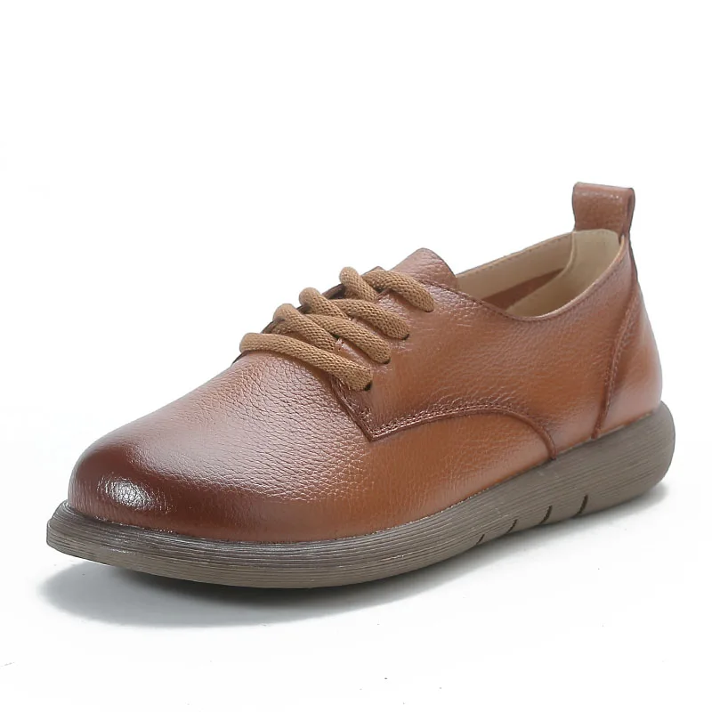 DRKANOL Fashion Women Flat Shoes Spring Autumn Round Toe Lace-Up Genuine Cow Leather Soft Sole Comfort Casual Single Shoes Woman 3