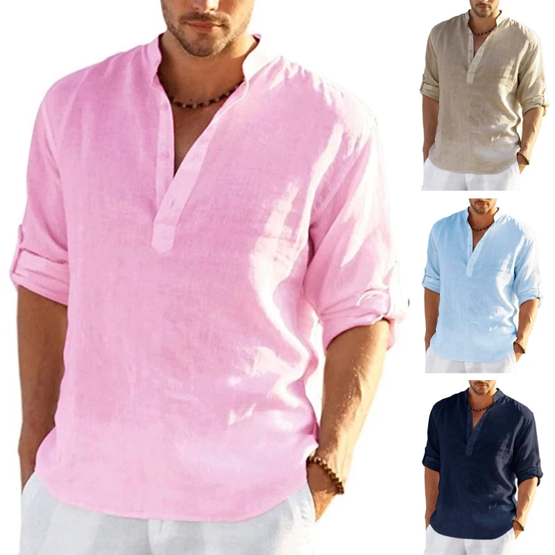 2022 New Men's Linen Long Sleeve Shirt Solid Color Casual  Long Sleeve Cotton Linen Shirt Tops  Hemp Shirt 2