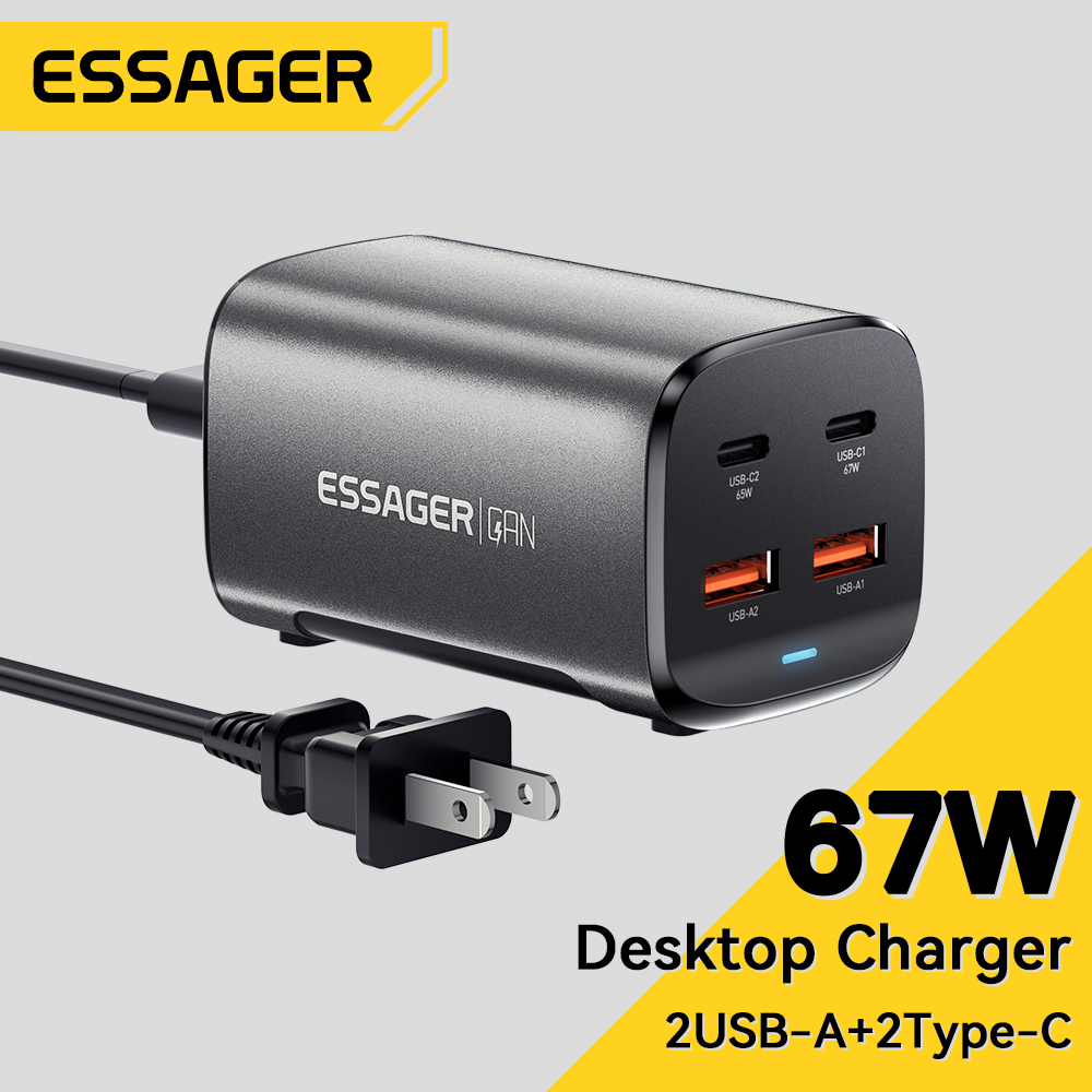 Essager 67W GaN USB C Charger Quick Charge 4.0 QC 3.0 PD USB-C Type C  Desktop Fast Charger For MacBook Samsung iPhone 15 Laptop