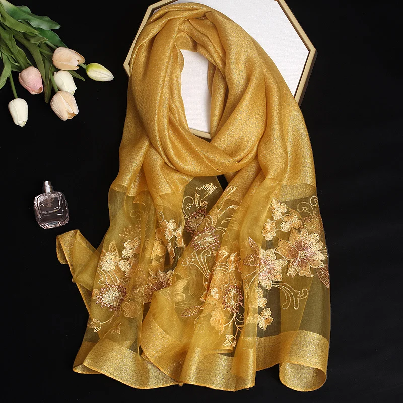 2024 Luxury Silk Shawl Scarf for Women Design Embroidery Flowers Hijab Wraps Bufandas Female Headkerchief Fouloud Echarpe 4