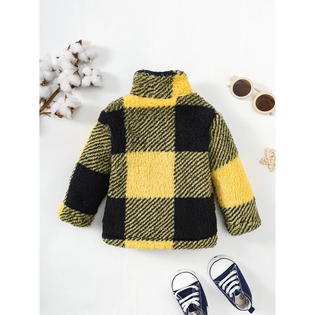 Toddler Baby Boys&Girl Warm Plush Long Sleeved Jackets in Winter Plaid Coat Button Cardigan Fashion Baby Clothes 0-3 Years