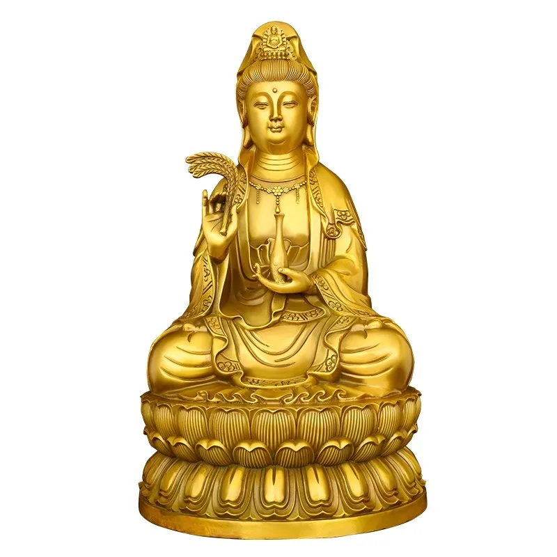 Brass Guanyin Bodhisattva Statue, Willow Branch & Water Vase on Lotus Throne, Buddhist Figurine for Serenity Protection, Home Al