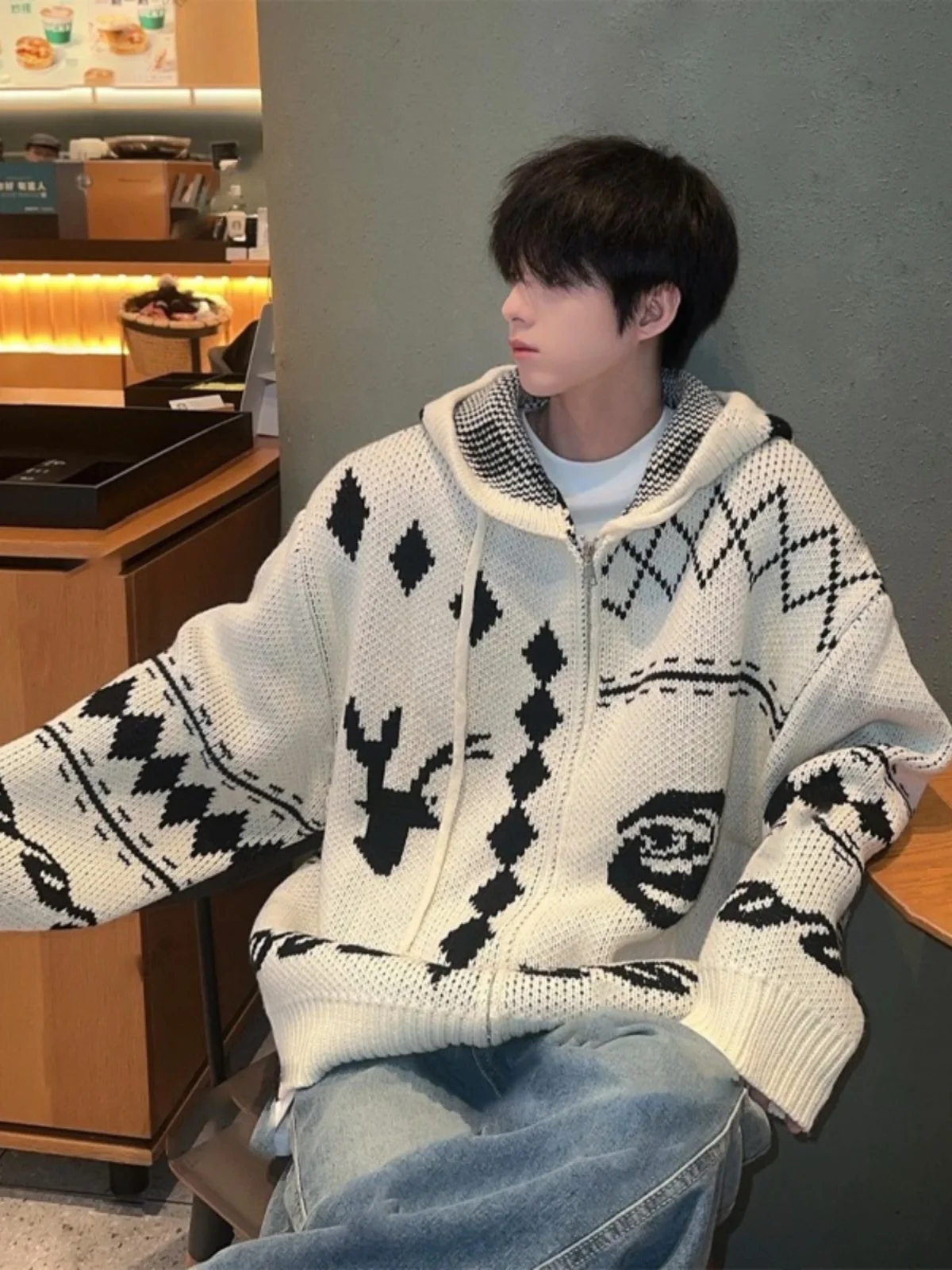 후드 가디건 카디건 데님 후드 남성용 격자무늬 루즈핏 가을 겨울 한국 스타일 카디건 가디건 카디건 가디건 카디건