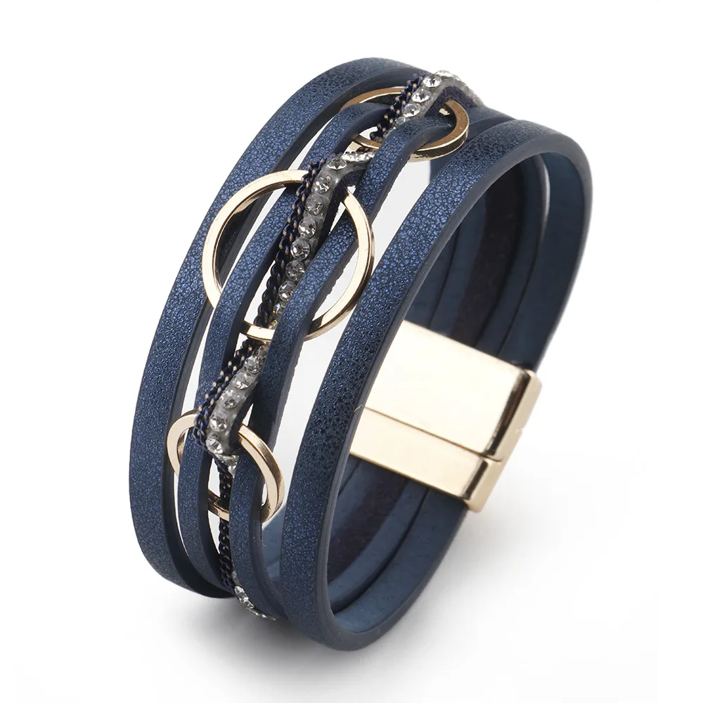 Bohemian Braided Leather Fashion Bracelet for Women Handmade Rhinestone Charm Wrap Bangle Jewelry
