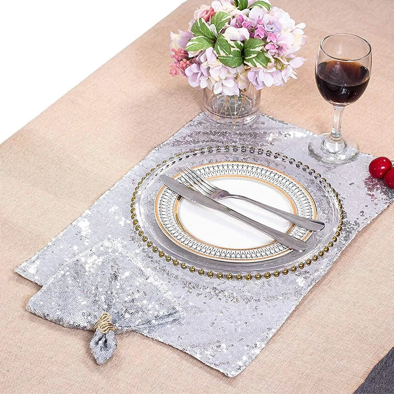 

10PC Silvery Sequin Placemats for Wedding Decoration Birthday Party Christmas Thanksgiving Day Halloween Kitchen Patio Table Mat