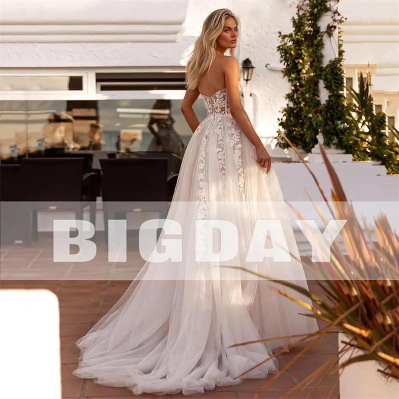 Elegant A-Line Wedding Dress Women  Lace Sweetheart Tulle Open Back Slit Strapless Bridal Gown Sweep Vestido De Noiva Customized 2