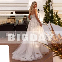 Elegant A-Line Wedding Dress Women  Lace Sweetheart Tulle Open Back Slit Strapless Bridal Gown Sweep Vestido De Noiva Customized 2