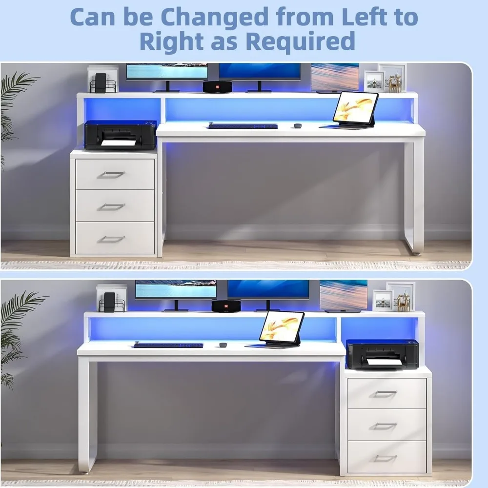 67 Inch Computer Desk with Drawer & LED Lights, Home Office Desk with Storage Shelves, Reversible Workstation for Bedroom, Moder 4